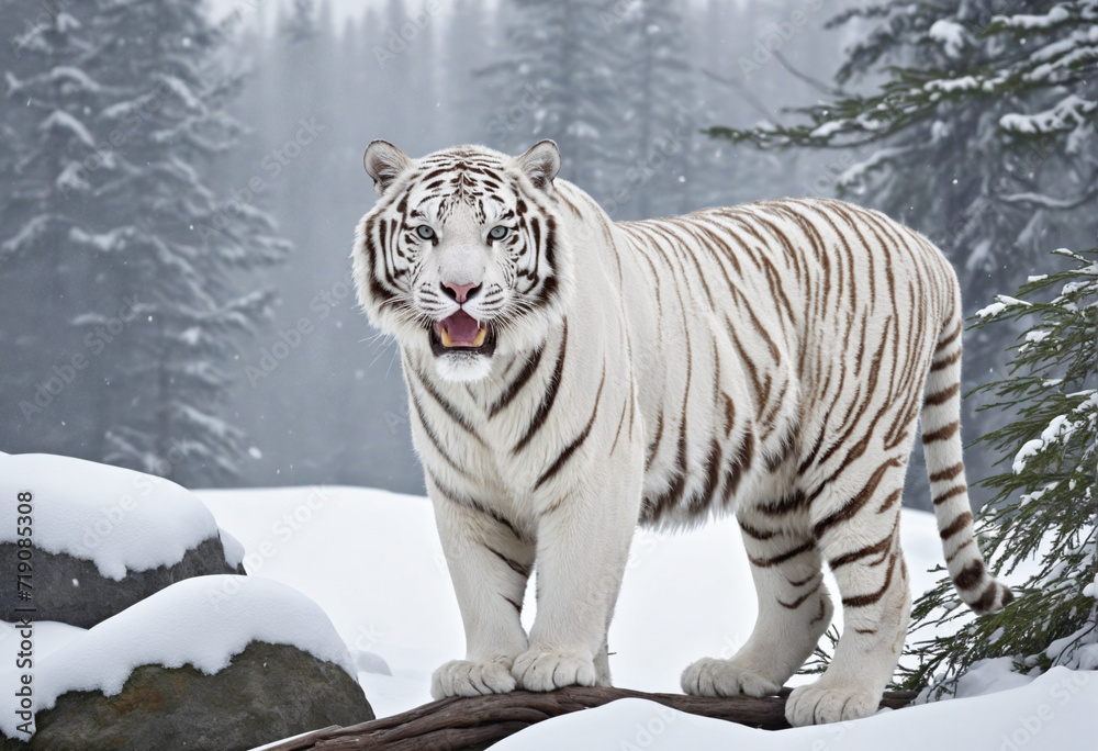 Fototapeta premium Snowy landscape with a white tiger