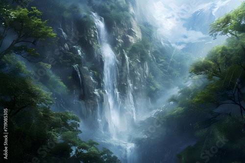 Realistic exotic waterfall outdoor with stunning view