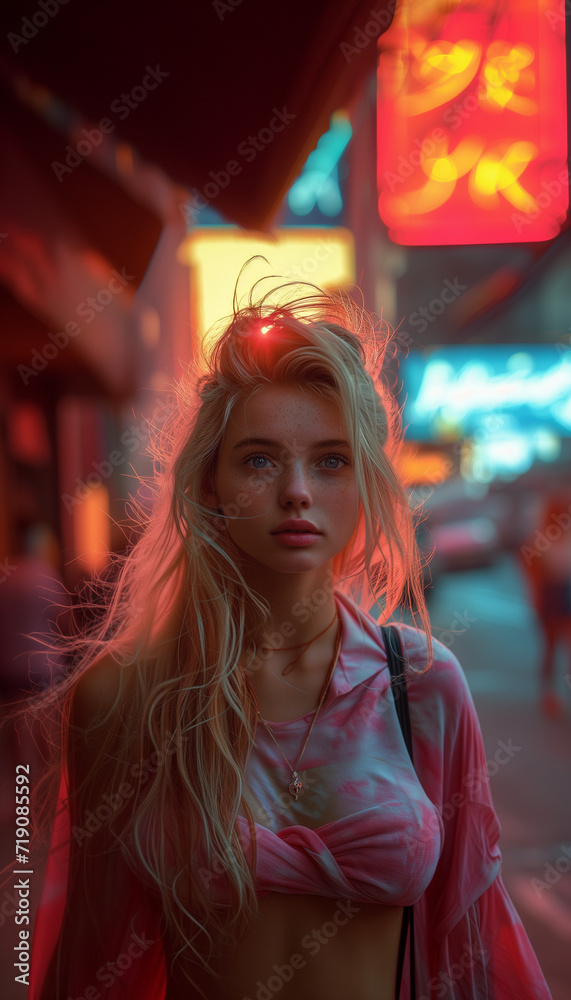 Girl in Chinatown in New York City at sunset