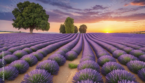 Stunning lavender field at sunset view.