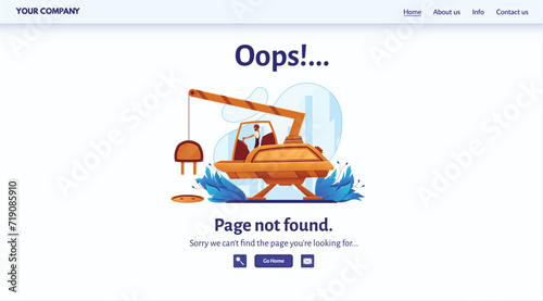 Construction worker in error 404 concept, humorous website page not found design with mechanical digger. Cartoon excavator with confused operator at construction mishap, web error illustration.