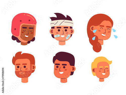 Staying positive accident victims 2D vector avatars illustration set. Diverse women, men cartoon character faces. Laughing people icons collection. Flat color users profiles images isolated on white