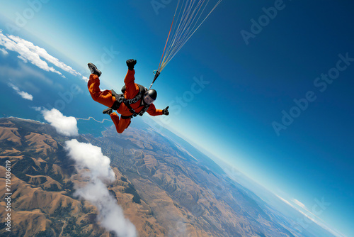 A skydiver soars in circling at high altitude in the sky