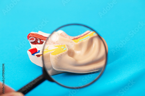 Medical ear mockup on a blue background under a magnifying glass. Concept of tympanic cavity shunting and laser tympanometry, acoustic neuritis photo