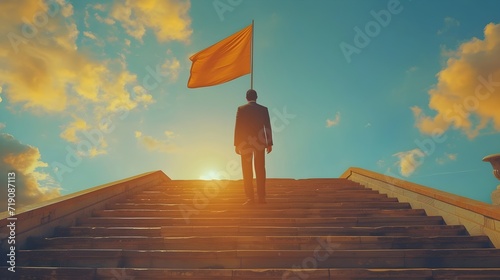 business man climbing a stair case to get a flag. business goal concept, successful path of business, business goal achievement photo