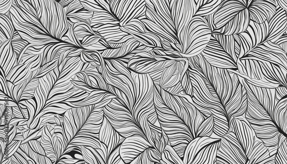 Monochrome hand-drawn pattern of intricate doodles. Botanical elements like flowers and leaves intertwined with flowing lines.