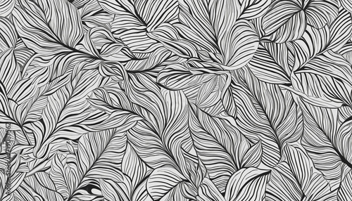 Monochrome hand-drawn pattern of intricate doodles. Botanical elements like flowers and leaves intertwined with flowing lines.