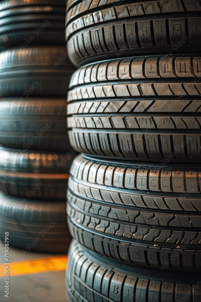 Tire stack on car tire shop background