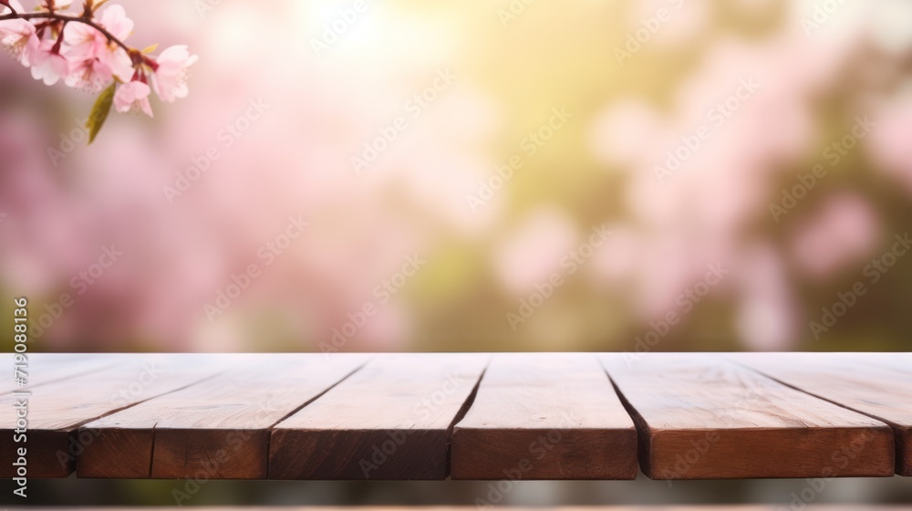 Empty wooden table in Sakura flower Park with garden bokeh background with a country outdoor theme, Template mock up for display of product