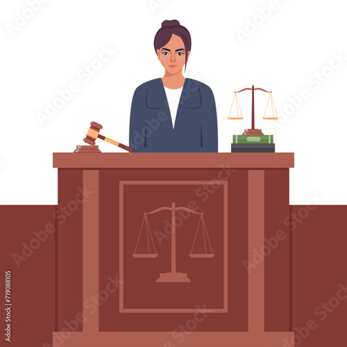 Judge with hammer. Woman in black robe with gavel. Jurisprudence, justice and law. Legal and sentencing. Judgement concept. Vector illustration.