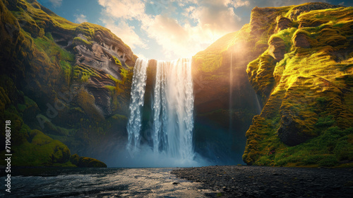 A stunning majestic waterfall with a beautiful sunlit surrounding landscape