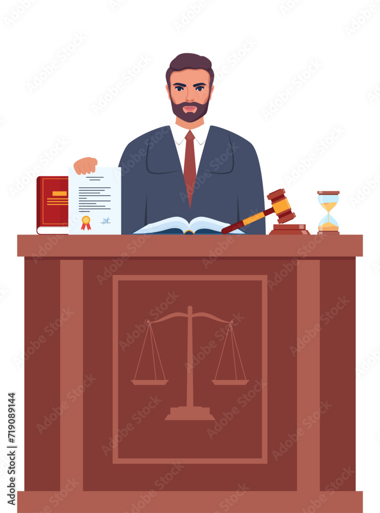 Judge with hammer. Man in black robe with gavel. Jurisprudence, justice and law. Legal and sentencing. Judgement concept. Vector illustration. Judge with hammer. Man in black robe with gavel. Jurisprudence, justice and law. Legal and sentencing. Judgement concept. Vector illustration.
