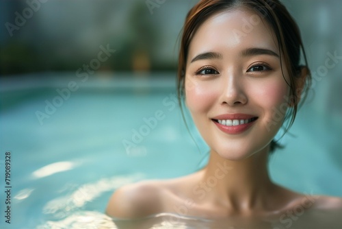 温泉・風呂につかる日本人女性の正面写真（銭湯・湯船・入浴・旅館・サウナ）