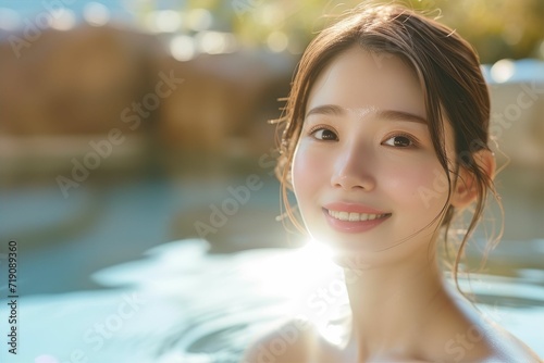 温泉・風呂につかる日本人女性の正面写真（銭湯・湯船・入浴・旅館・サウナ） © Maki_Japan