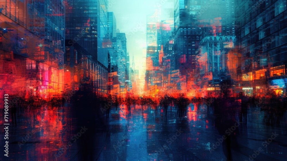 Abstract cityscape at dusk, where buildings are illuminated with lights and pedestrians appear as silhouettes, reflecting the vibrant nightlife of the city.