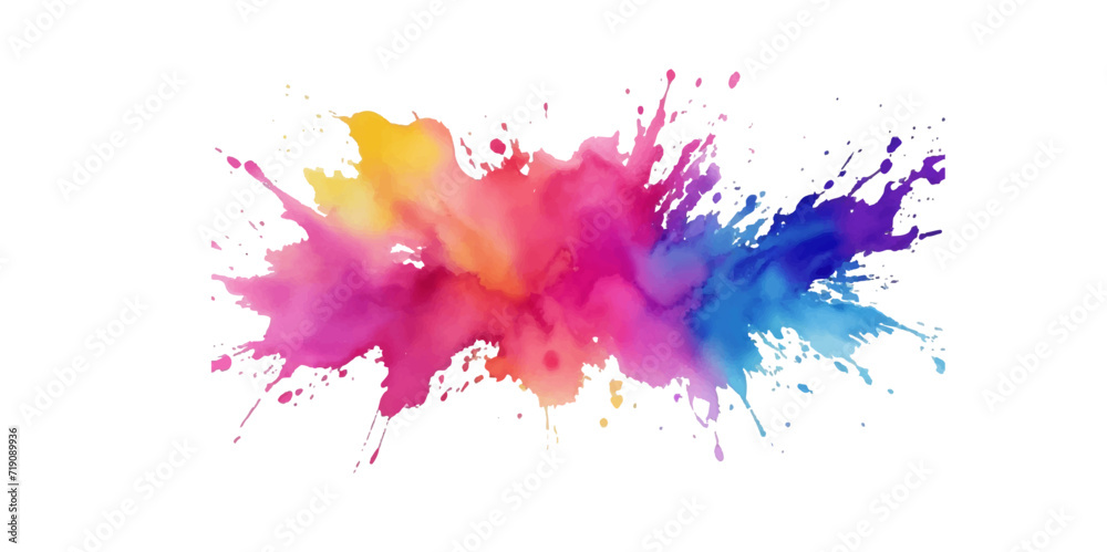 Bright colorful watercolor splash splatter stain brush strokes on white background. Modern vibrant aquarelle spot. Aquarelle explosion on white. Element. Vector watercolor illustration isolated design