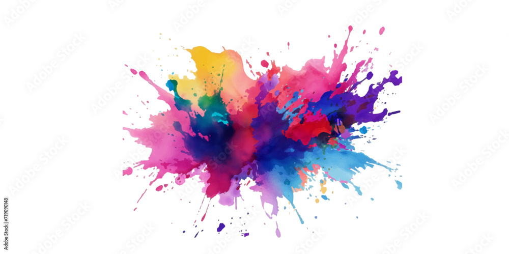 Bright colorful watercolor splash splatter stain brush strokes on white background. Modern vibrant aquarelle spot. Aquarelle explosion on white. Element. Vector watercolor illustration isolated design