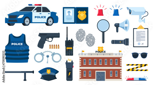 Police professional equipment for pursue and capture a criminal. Handcuffs, bulletproof vest, stun gun, pistol gun, truncheon, police badge, car. Vector illustration.