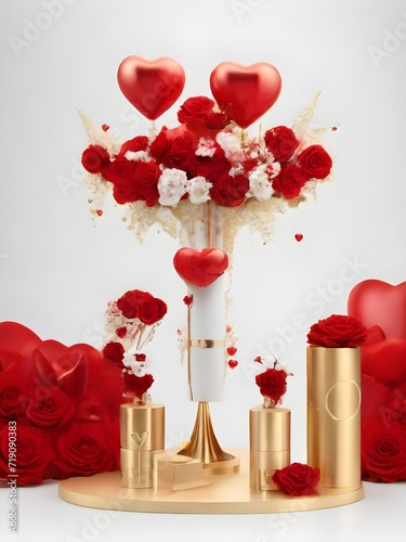3D White and Red Roses Valentine Podium display with gold cylinder podium gift boxes on a white background, showcasing products for promotional sales and presentations. Generative AI. 