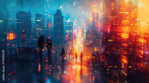 Abstract cityscape at dusk, where buildings are illuminated with lights and pedestrians appear as silhouettes, reflecting the vibrant nightlife of the city.