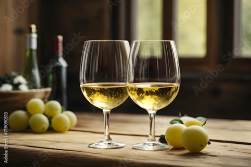 Concept photo shoot of two glass of white wine with fruits