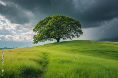 Lush meadow on hill with tree under cloudy sky