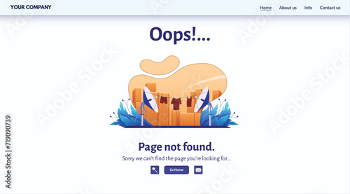 Cowboy hat on box with satellite dishes, digital 404 error page. Cartoonish 404 error message with clothing on line, web issue illustration.