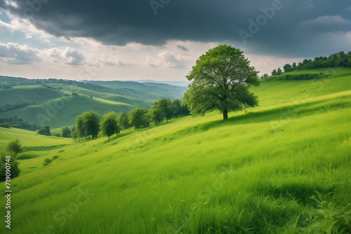 Lush meadow on hill with tree under cloudy sky