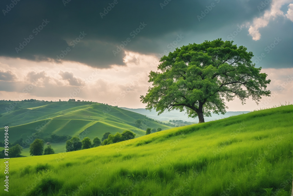 Lush meadow on hill with tree under cloudy sky Lush meadow on hill with tree under cloudy sky