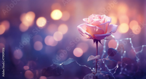 a single pink rose is in the middle of a blurry photo of a blurry background with boke, generative ai #719091316