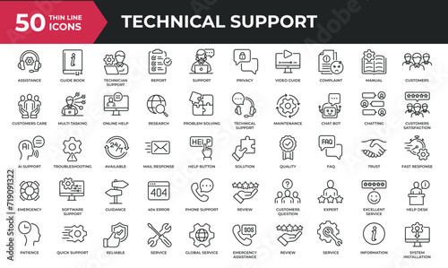 Technical support minimal thin line icons. Related service, feedback, assistance, guidance, help. Editable stroke. Vector illustration.