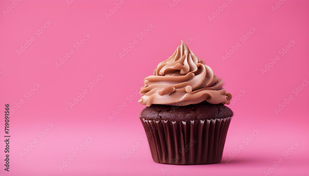 Yummy chocolate cupcake isolated with pink background