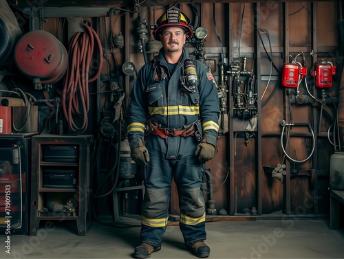 Firefighter in uniform and helmet with a hose in the fire station