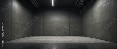 Shadowy and dingy cement wall and floor backdrop. Gloomy cement chamber. Wide layout. Creative algorithm.