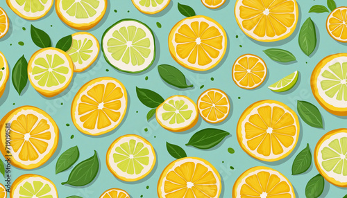 Bright and contemporary repeating design of lemon slices on a white background. Perfect for adding a refreshing touch to kitchen decor or food-themed projects.