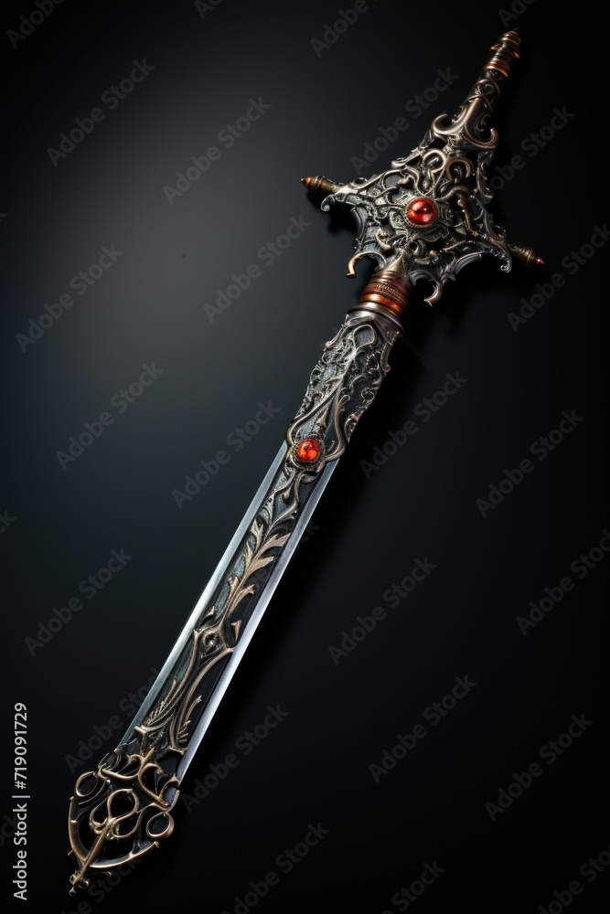 Obraz premium Macro shot of Medieval knights sword on a black background Generative AI