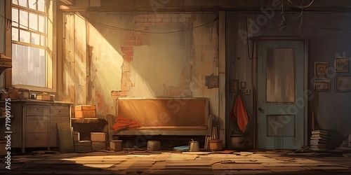 Illustration of an aged indoor setting, creatively painted.