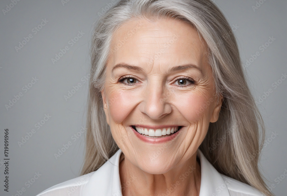 Beautiful older woman smiling near grey wall in close-up portrait. Beautiful older woman smiling near grey wall in close-up portrait.