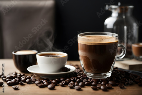 Concept photo shoot of close-up espresso with coffee beans