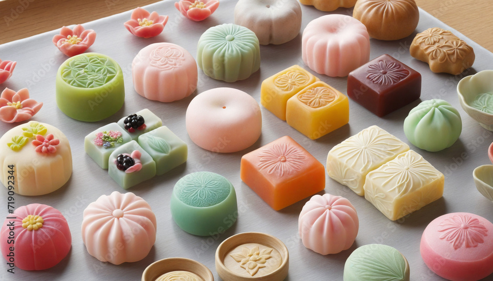 A variety of traditional sweets in different shapes and colors.