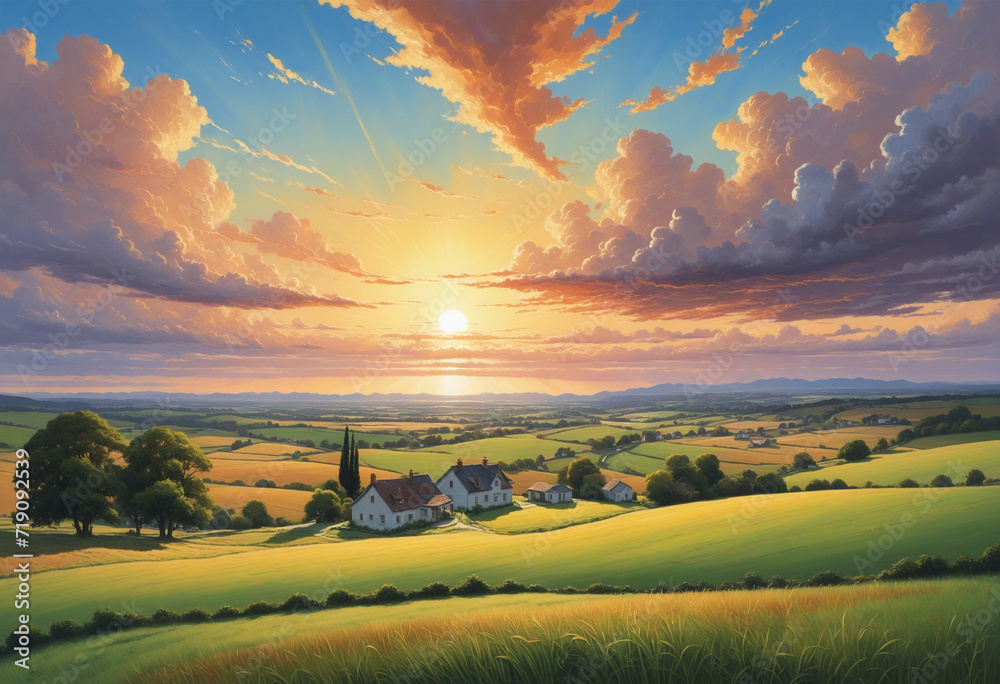 Capturing the serene beauty of a sunset over a vast landscape, with a quaint house nestled among fields under a dreamy sky filled with wispy clouds