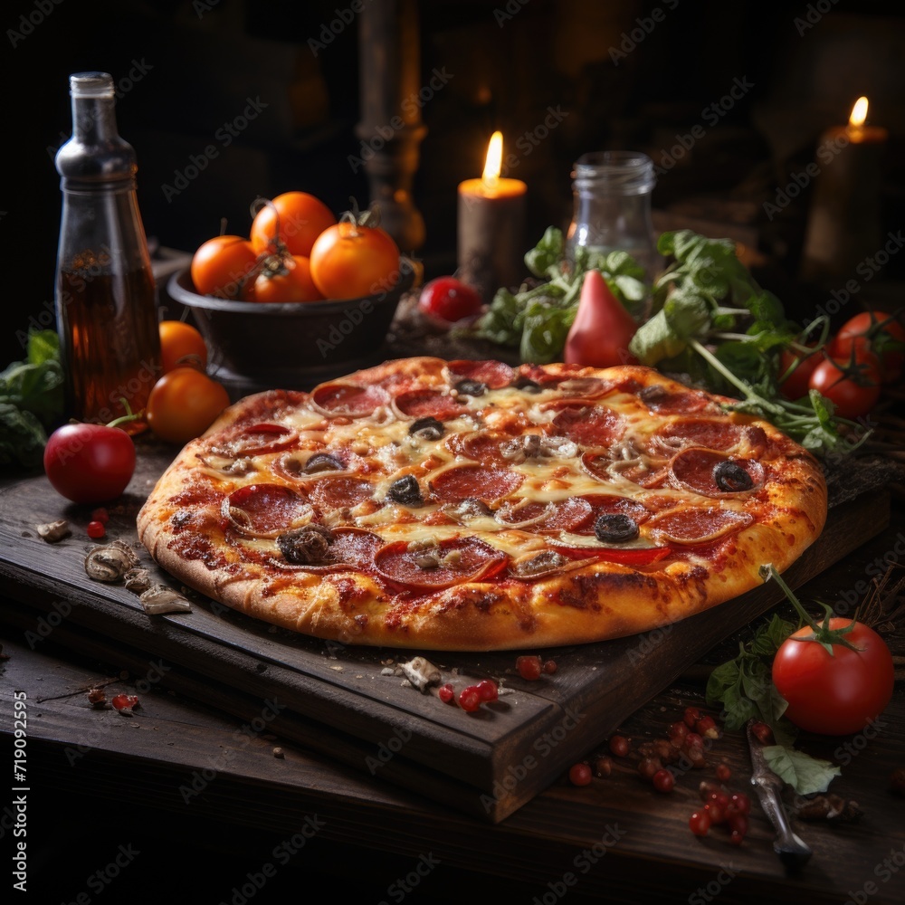 Nighttime delight Wooden table with more food items and a large pizza photo generative AI