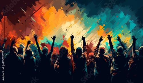 colorful people in a crowd raising their hands with colorful background
