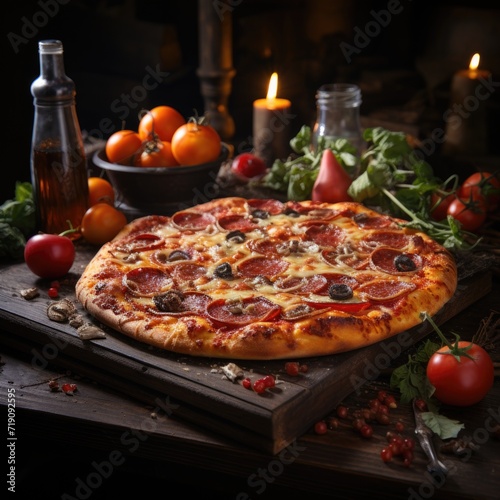Nighttime delight Wooden table with more food items and a large pizza photo generative AI