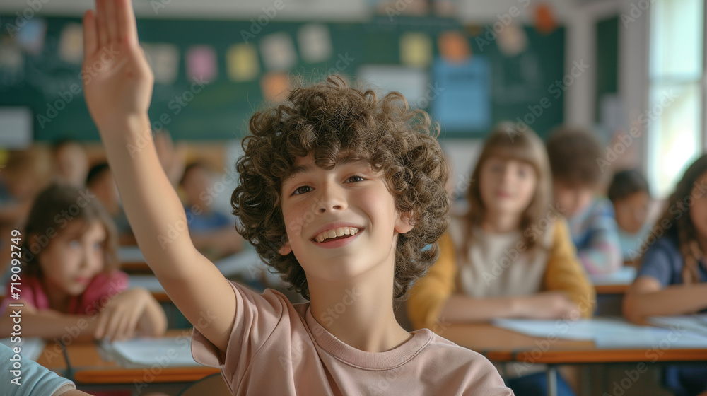 Fototapeta premium Eager Learner - Young Student Raising Hand in Classroom