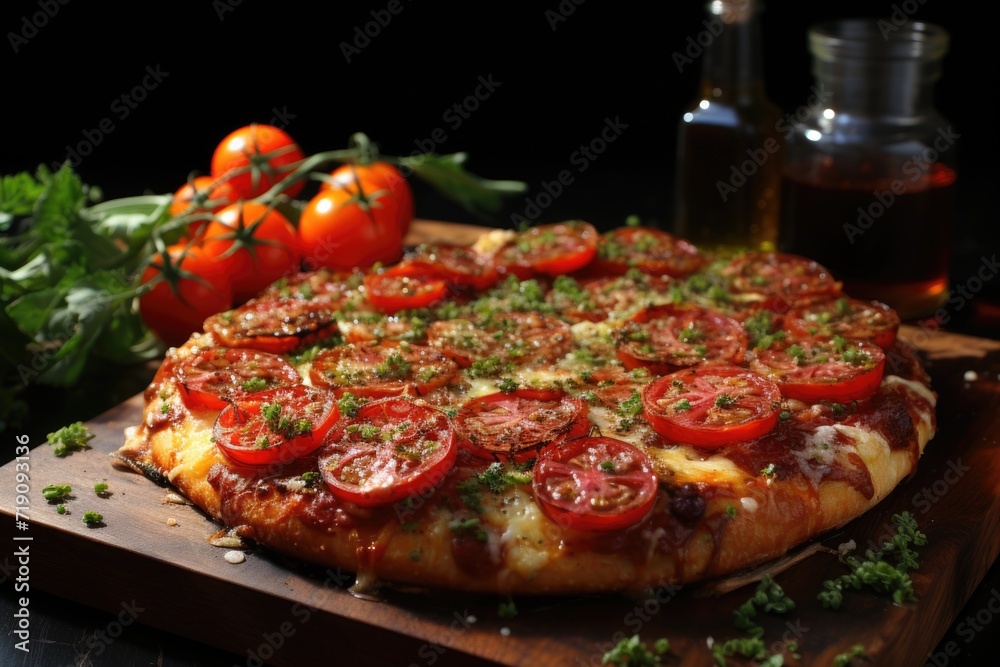Pizza with chicken and barbeque sauce Italian with tomatoes in tray on table night view Generative AI Pizza with chicken and barbeque sauce Italian with tomatoes in tray on table night view Generative AI
