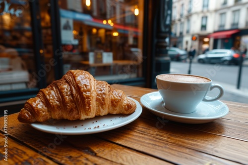 A cup of cappuccino with a croissant on the table.