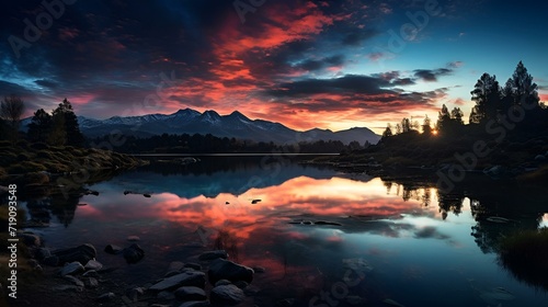 Sunset reflection sky mirrored in lake, beautiful sunrise image