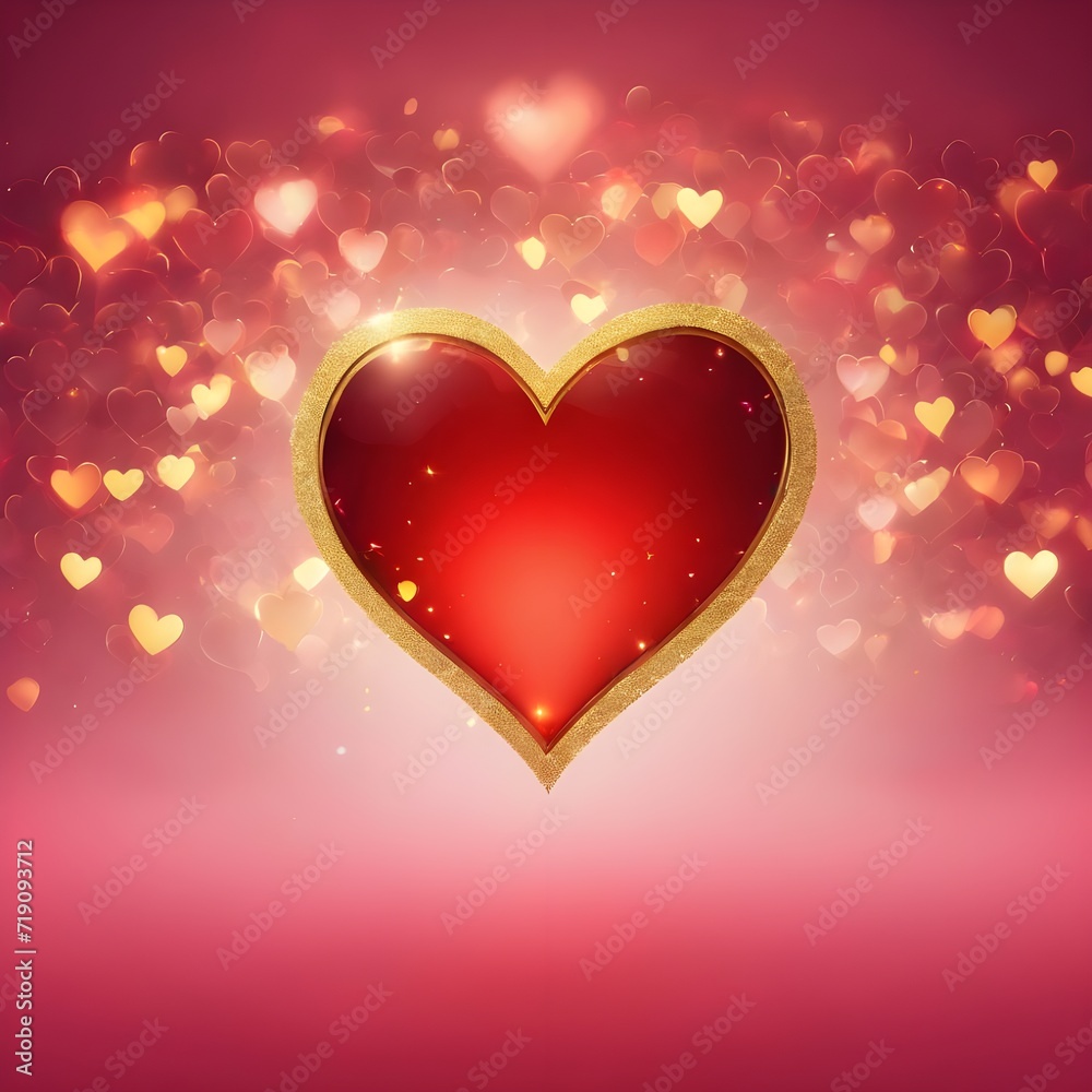 Lovely happy Valentine's Day background with hearts, gold color border around the heart, glowing background; Valentine's Day concept