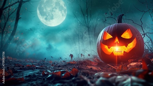 Spooky Halloween Pumpkin in Moonlit Night,A carved Halloween pumpkin glows ominously under a full moon amidst a misty, eerie autumn night.